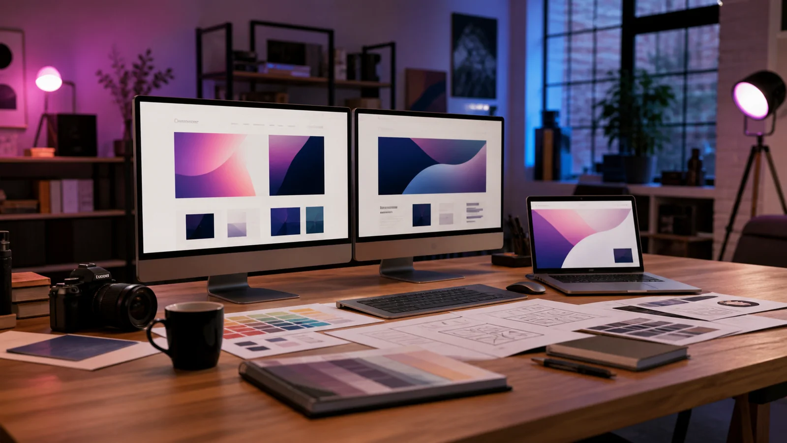 Estudio creativo de Duegency con pantallas, bocetos y muestras de color